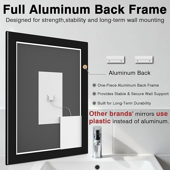 60x30 Large LED Bathroom Vanity Mirror -Black Aluminum Framed (Front and Backlit),Anti-Fog Illuminated Bathroom Mirror,Stepless 3 Colors Dimmable LED Smart Mirror(Horizontal/Vertical)