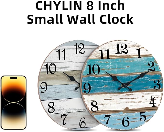 CHYLIN Wall Clock, Beach Themed Blue Wall Clocks Battery Operated Silent Non-Ticking, 8 Inch Vintage Rustic Coastal Nautical Clock Decorative for Kitchen Office Bathroom Bedroom 8