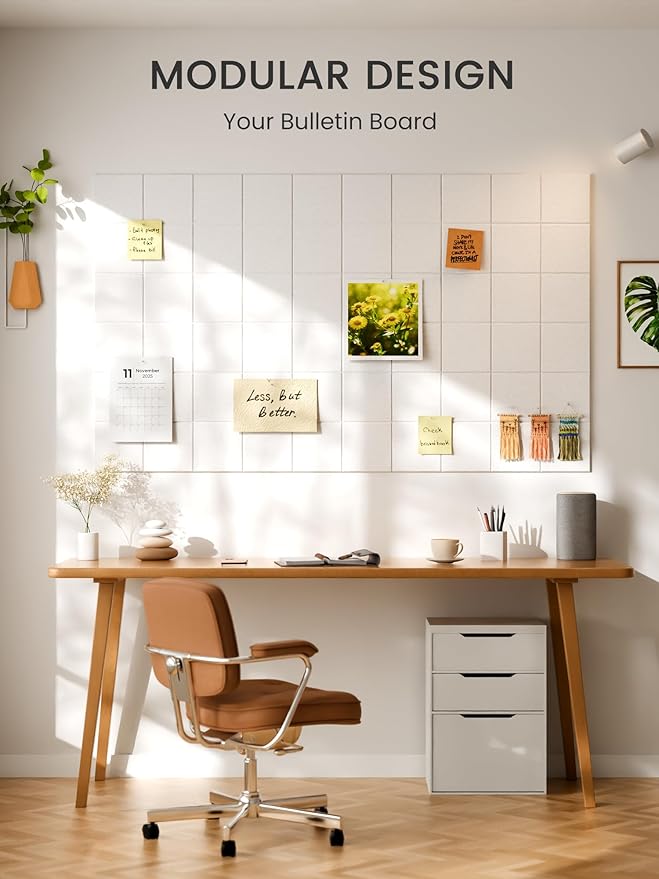 Bumusty Large Felt Bulletin Board, 36" x 24" Cork Board Alternative, 6-Pack Wall Tiles with 4-Compartment Design, 30 Push Pins, 40 Adhesive Tabs, Ideal for Office & Home Decor, Milky White