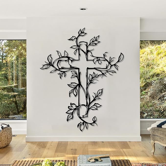 Hotuijxca Cross Metal Wall Art, Tree of Life Crosses Metal Wall Decor, Christianity Wall Art for Living Room, Bedroom(Black,19" x 15" / 47 x 38 cm)