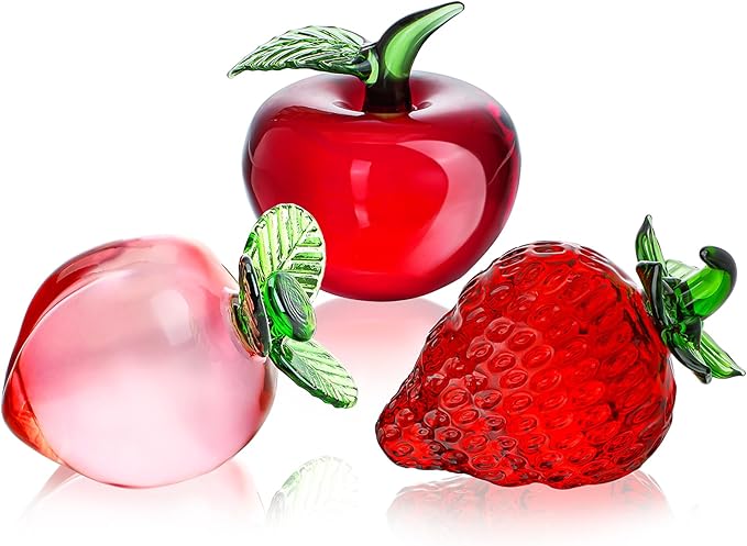 Set of 3 Crystal Fruits Decoration for Home Kitchen Glass Red Strawberry Apple Peach Fruit Figurines Glass Fruits Decor for Wedding Birthday Tabletop Centerpiece