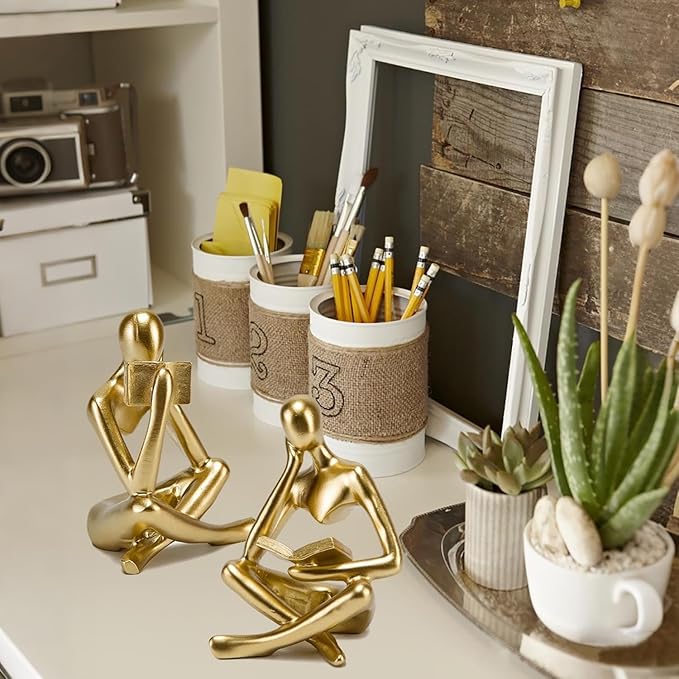 Reading Thinker Statue, Sculptures Abstract Art Ornament, Modern Aesthetic Figurine Decoration Set of 2 Status for Home Living Room Bedroom Office Shelf Table Desk Bookshelf Decor (Gold)