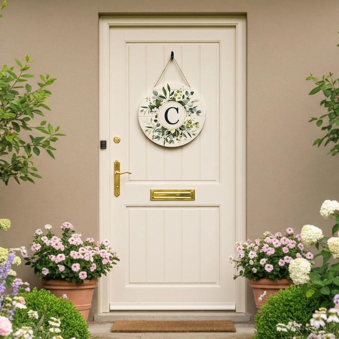 Smile B0G124Y3GWMonogram Letter C Wreaths Wooden Welcome Sign, Family Last Name Initial Front Door Wall Decoration, Floral Spring Summer Porch Rustic Home Kitchen Decor