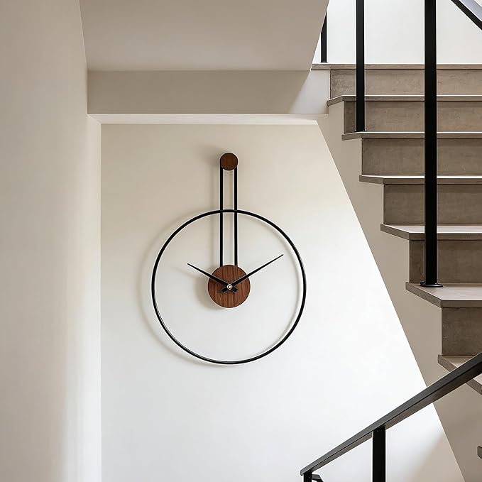 Modern Minimalist Wall Clock, Black Metal Ring and Wooden Face, Natural Style Silent Non-Ticking for Living Room, Bedroom, Office Decor, 21.6"x28.7"