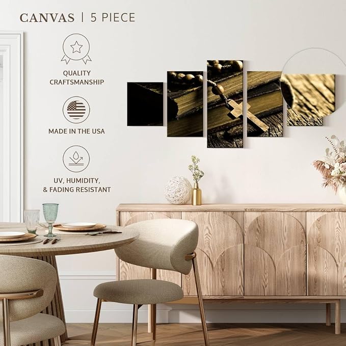 Elephant Stock Bible And Cross Wall Art Multi Piece Canvas - 5 Panel Christian Pictures Decor - Digital Design Canvas Print - Christian Wall Decor - 36" X 15"
