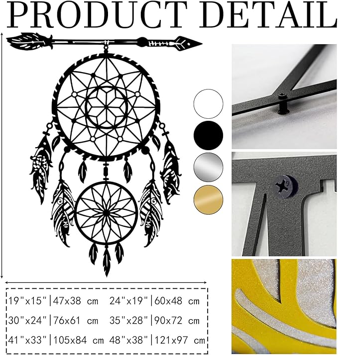 YDONVTI Dream Catcher Metal Wall Decor, Large Dream Catcher Wall Art, Metal Boho Wall Art, Feather Arrow Decoration, Native American Decor, for Bedroom(White, 41" L x 33" W/105x84cm)