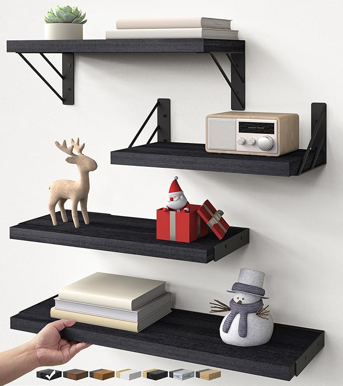 BAYKA Wall Mounted Floating Shelves, Wood Floating Wall Shelf for Books & Decor, Small Space-Saving Display & Organizer（Black，Set of 4）