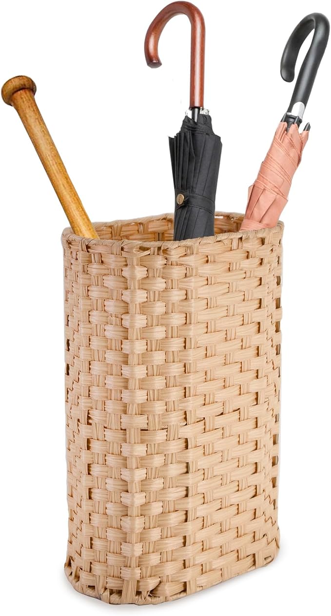 PEMAR Wicker Umbrella Holder, Hand Woven Umbrella Stand Basket Decorative Cane Holder Rack for Home, Entryway Multipurpose Narrow Tall Basket (Natural)
