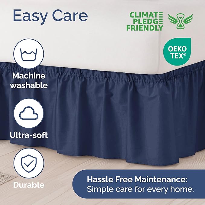Wrap Around Dust Ruffle Bed Skirt - Navy Blue - for King Size Beds with 18 Inch Drop - Elastic Strap - Adjustable Pleated Bedskirt with Brushed Fabric and Wrinkle Free - for Women, Men, Kids & Teens
