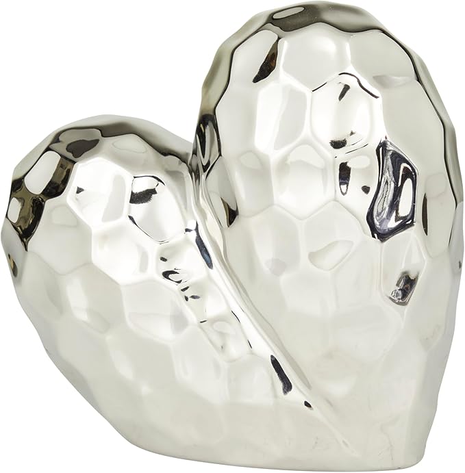 Deco 79 Porcelain Ceramic Heart Decorative Sculpture Dimensional Angled Origami Inspired Home Decor Statue, Accent Figurine 8" x 3" x 8", Silver
