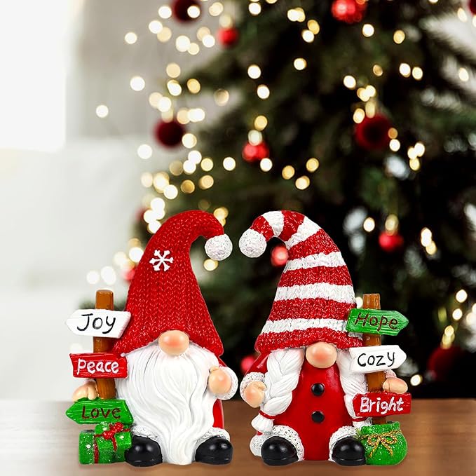 Christmas Gnomes Decorations for Home 2 PCS Xmas Desk Figurines Indoor Resin Collectible Statue Cute Holiday Ornament for Table Home