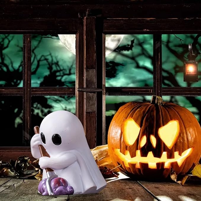 Halloween Ghost Figurine with Holding Fork, Funny Mini Resin Ghost Statue Halloween Decor for Bookshelf, Terrace, Bedroom,Porch and Tabletop