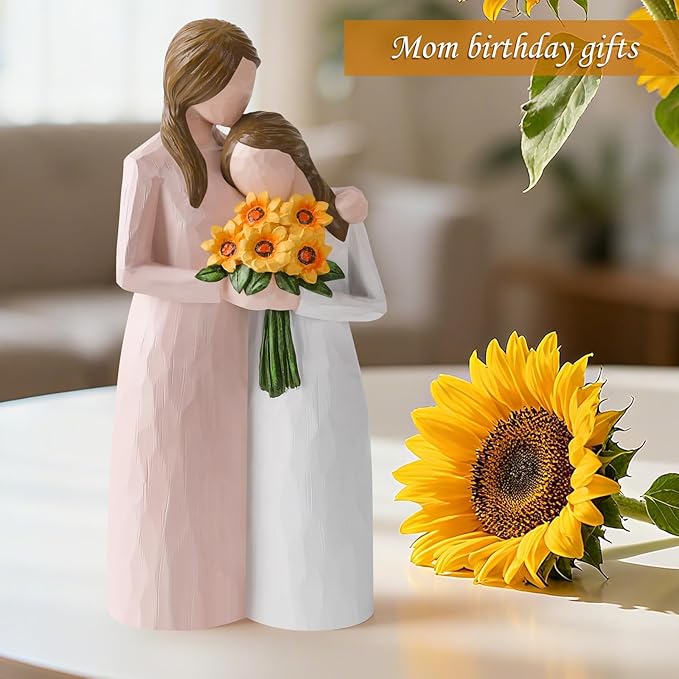 Sunflower Mother Daughter Figurine, Hand-Painted Resin Figure, Sentimental Gifts for Mom from Daughter, Perfect for Mother’s Day, Birthday, Thanksgiving, Christmas and Home Decoration, Pink