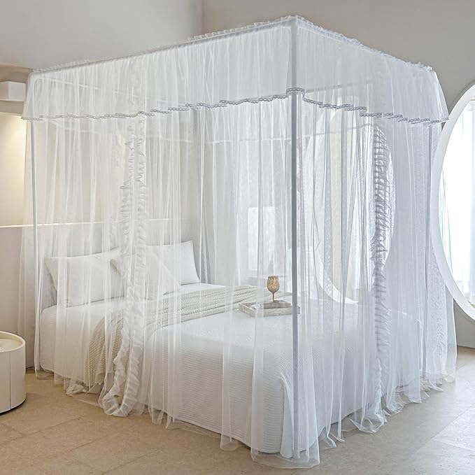 AIKASY 4 Corners Post Ruffle Princess Bed Canopy Curtain - Double Layer Cozy Drape Netting with 4 Openings - Elegant Mosquito Net for Girls and Adults Bedroom Decoration (White, King)