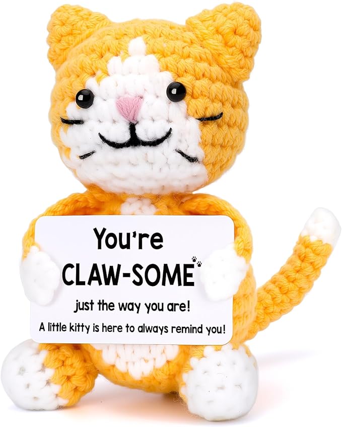 Crochet Cat Lover Gifts for Women Men, Small Funny Handmade Emotional Positive Crochet Animals Stuffed Plush, Mini Cool Cute Stuff Things Presents for Girls Boys, Fun Kitten Kitty Cat Ornament Decor