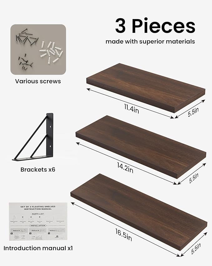 BAYKA Floating Shelves for Wall, Book Shelf for Bedroom, Wall Decor Shelves for Living Room Kitchen, Wood Floating Shelf for Home Decor, Corner Shelf for Bathroom, Office(Dark Brown,Set of 3)