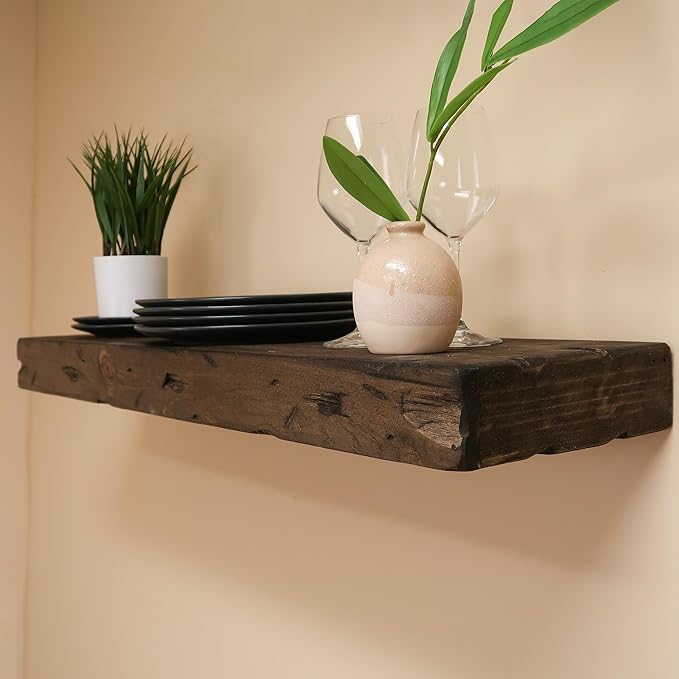 Urbandi Rustic Distressed Floating Shelves, Set of 2, Handmade Out of Pine Wood, 3 Inch Thick, Made in USA (Jacobean, 24Lx3Hx6D)
