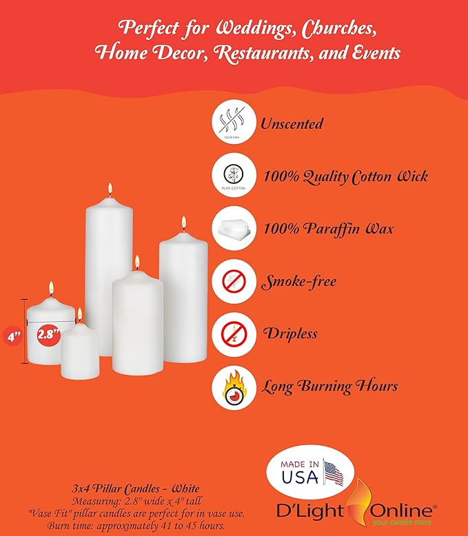 D'light Online 3 X 4 Inch Pillar Candles Set of 12 Bulk Event Pack Round Unscented Premium Wax Pillar Candles for Wedding, Spa, Party, Birthday, Holiday, Bath and Home Decor (3X4, Red)