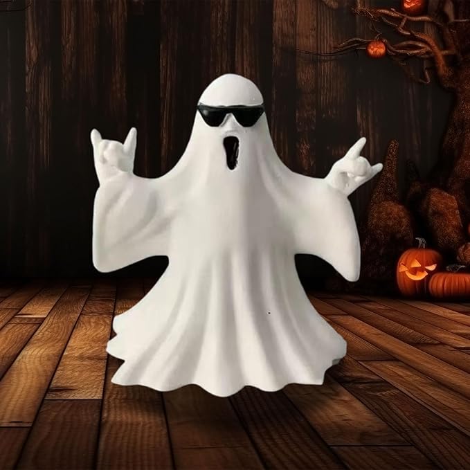 1 Pcs Halloween Ghost Figurine Cute Ghost Decor,with Sunglasses Design Funny Rock Spooky Resin Statue Cool Gestures Cute Sculpture for Halloween Tabletop Porch Party Decoration