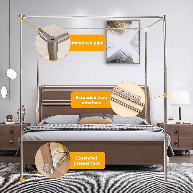 Stainless Steel Canopy Bed Frame Full Size, Thicken Metal Frame with 4 Corners Design Sturdy Bed Canopy Frame for Metal Bed Wood Bed Bedroom Decor