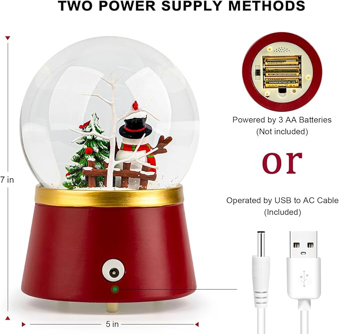 Christmas Glass Snow Globe Glitter Spinning Water Lantern Lighted Musical Snowman with Holiday Tree Scene, 6H Timer Battery & USB Powered Light for Home Decoration