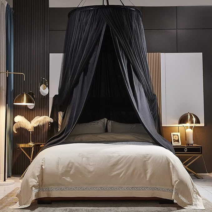 Kertnic Luxurious Bed Canopy for Girls & Adults - Double Layer Princess Canopy with Lace, Round Dome Mosquito Netting for Queen/King Bed Tent (Black)