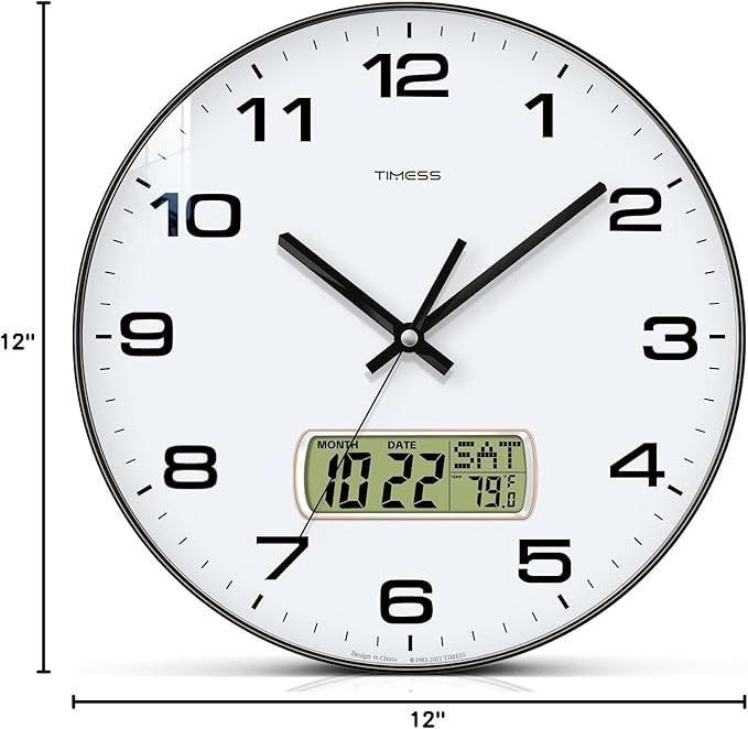 Wall Clock, 12" Dial Non-Ticking Silent Battery Operated Analog with LCD Display for Perpetual Calendar and F° Temperature, Ideal Modern Home, Bedroom, Kitchen, Office Decor (Black)