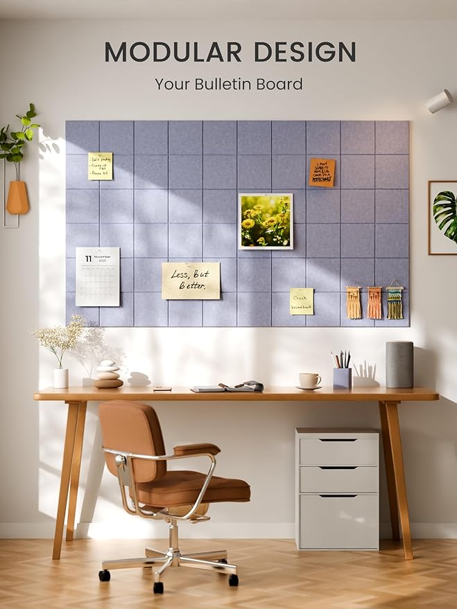 Bumusty Large Felt Bulletin Board, 36" x 24" Cork Board Alternative, 6-Pack Wall Tiles with 4-Compartment Design, 30 Push Pins, 40 Adhesive Tabs, Ideal for Office & Home Decor, Soft Periwinkle