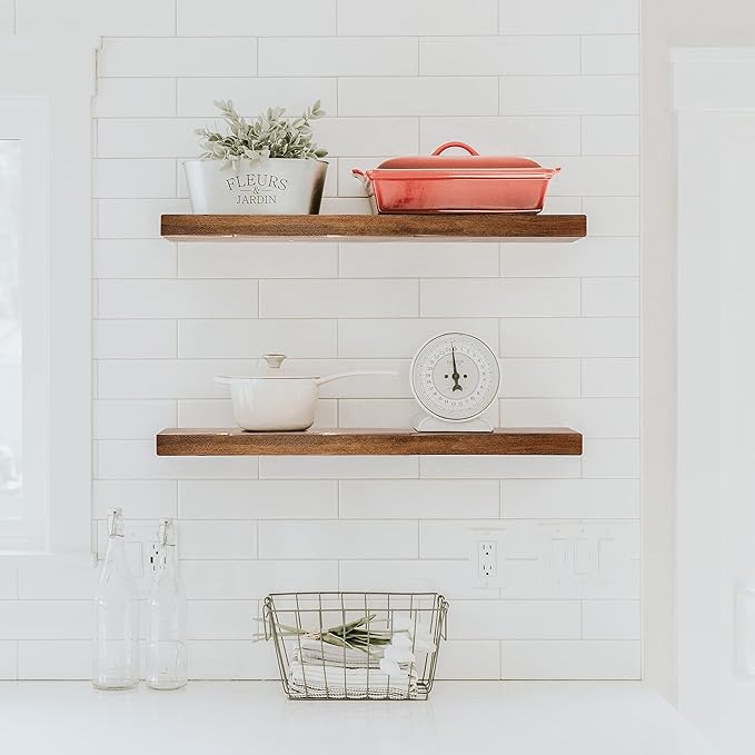URBANDI, Rustic Floating Shelves, Set of 2, Hidden Bracket, Solid Wood, Heavy Duty, Wall Mounted Shelves, (Provincial, 12Wx8D)