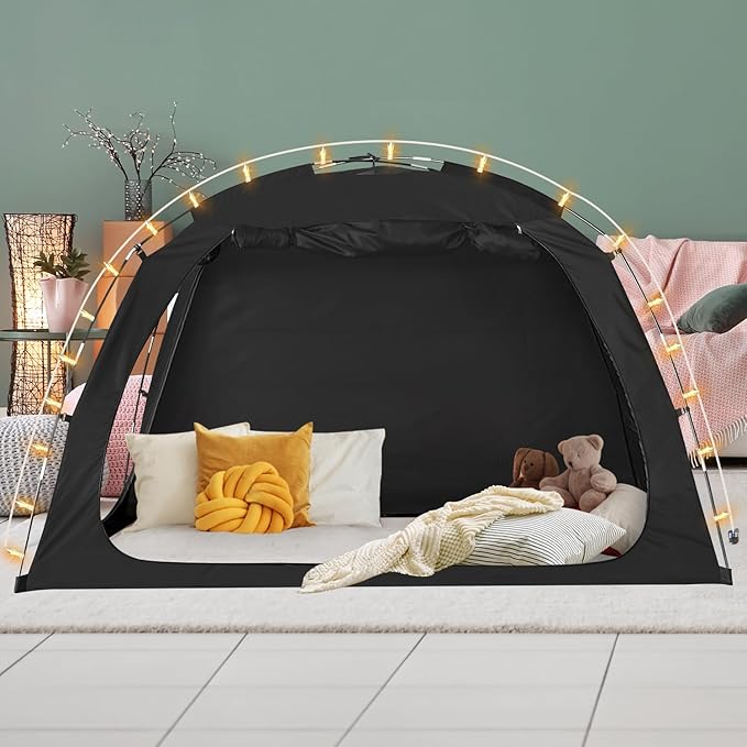 EighteenTek Bed Canopy with Lights, Sleeping Dream Twin Bed Tent, Portable Cottage Drafty Room Blackout Breathable Privacy Big Indoor Tents for Girls & Boys Bedroom Decor, Black