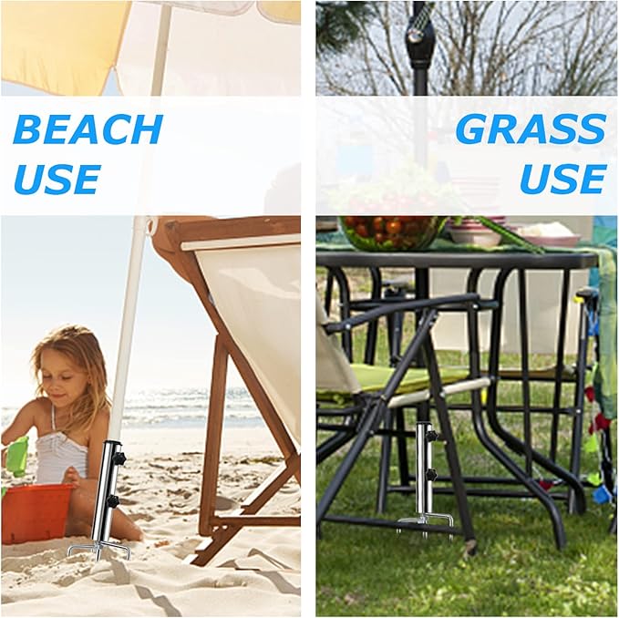 Beach Umbrella Sand Anchor with 4 Legs, Removable & Adjustable Heavy Duty Metal Sun Holder, Outdoor Umbrella Stand Steel Anchor for Beach Grass Sand