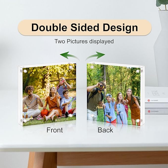 Acrylic Picture Frame 8x8-2 Pack, Clear Double Sided Frameless Photo Frame with Magnetic, Free Standing Desktop Acrylic Frame Display, Lucite Frame with Gift Box Package, 12+12mm Thickness