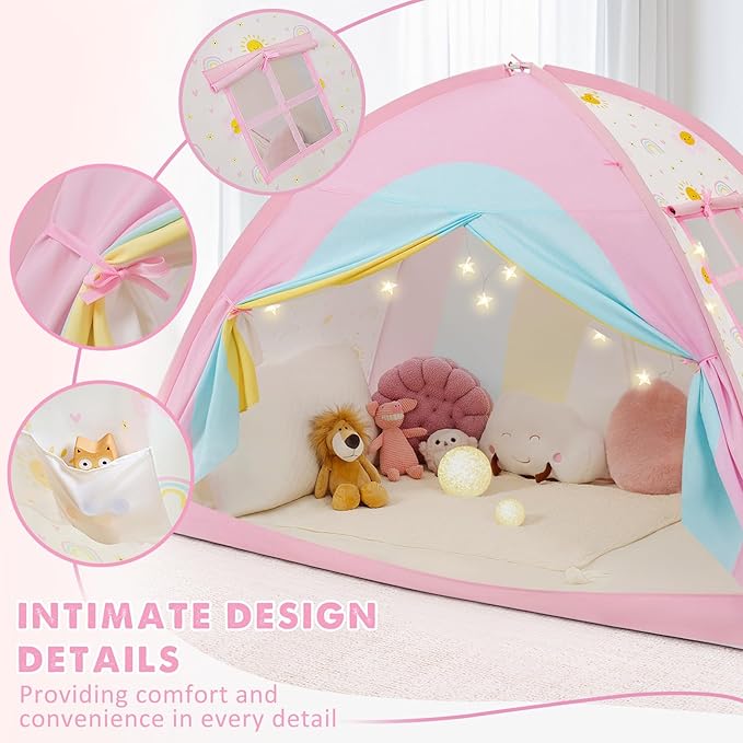 Twin Bed Tent for Kids, Twin Size Bed Canopy with Star Lights, Privacy Space Blackout Sleeping Tents, Indoor Breathable Portable Bunk Bed Tent for Girls, Rainbow