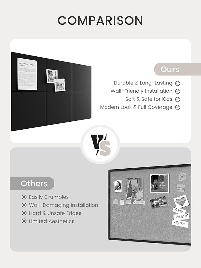 Bumusty Large Cork Board 36" x 24" Alternative - 6 Pack Felt Wall Tiles with 40 Safe Removable Adhesive Tabs, 30 Pushpins, Cork Boards for Walls Pin Board Bulletin Board Office Decor (Black)