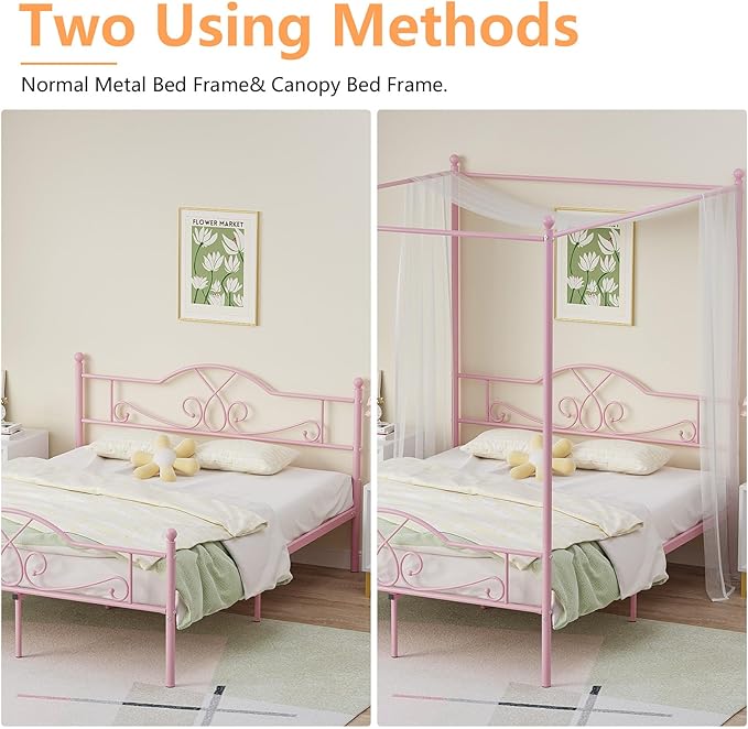 Weehom Full Canopy Bed Frame with Headboard and Footboard, Four-Poster Metal Canopied Platform Bed Mattress Foundation Underbed Storage Space No Box Spring Needed for Girls Adults Pink