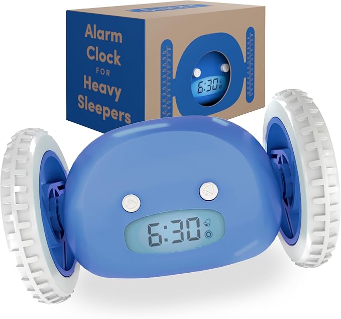 CLOCKY Extra Loud Alarm Clock for Heavy Sleepers on Wheels Rolls Runs Away Vibrating Easy to Set Super Smart Snooze Digital Bed Shaker Alarm Clock Funny Gift for Adults Kids Teens Bedrooms (Blue)