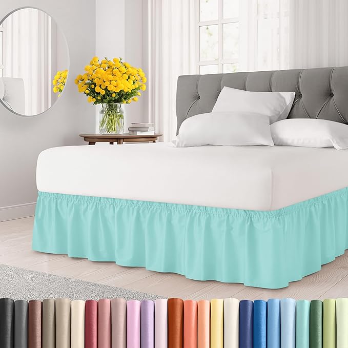 Wrap Around Dust Ruffle Bed Skirt - Spa Blue - for King Size Beds with 18 Inch Drop - Easy Fit Elastic Strap - Adjustable Pleated Bedskirt w/Brushed Fabric Wrinkle Free - for Women, Men, Kids & Teens