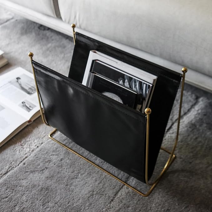Black Leatherette Magazine Rack Holder, with Metal Ball Bracket,Modern Fashion Style for Books,Newspapers,Home Staging,Bedroom,Hotel,Offices and Living Rooms