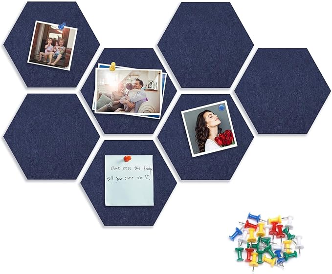 8 Packs Navy Blue Hexagon Felt Pin Board, 12" Bulletin Board with 30 Push Pins, Felt Board for Home Kitchen Office Decor, Self-Adhesive Corkboard Tiles for Walls School Message Photos Memos