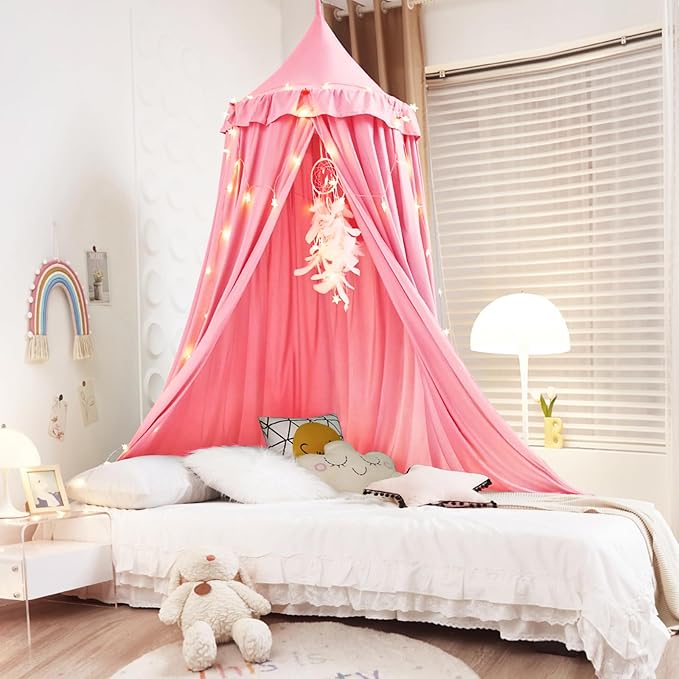 Kertnic Decor Canopy for Kids Bed, Soft Smooth Playing Tent Canopy Girls Room Decoration Princess Castle, Dreamy Mosquito Net Bedding, Children Reading Nook Canopies in Home (Nordic Pink)