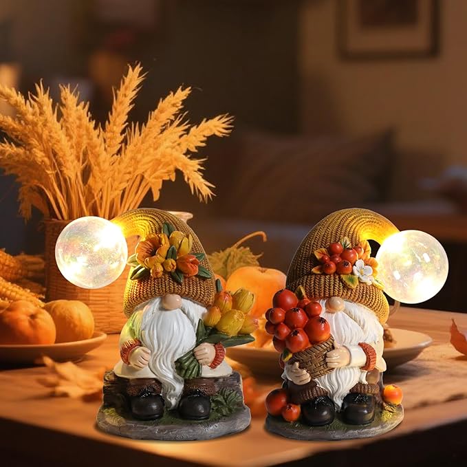 2PCS Garden Gnomes Statues Fall Gnome Decorations Outdoor Indoor Figurines Lights Fairy Garden Thanksgiving Home Decor
