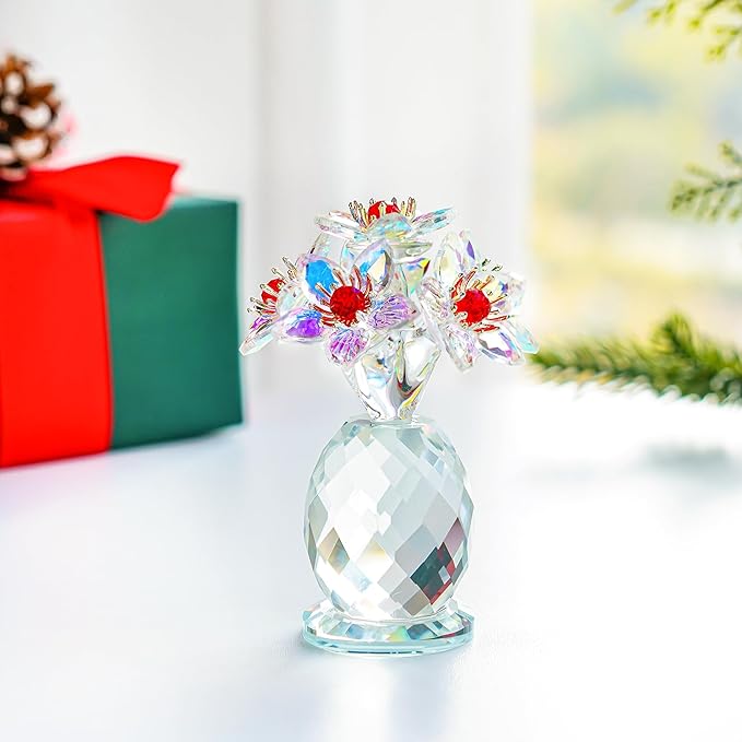 Iridescent Crystal Flower Figurine Collectibles for Women AB Color Glass Flowers Ornament Collection Crystal Christmas Decoration for Home Office
