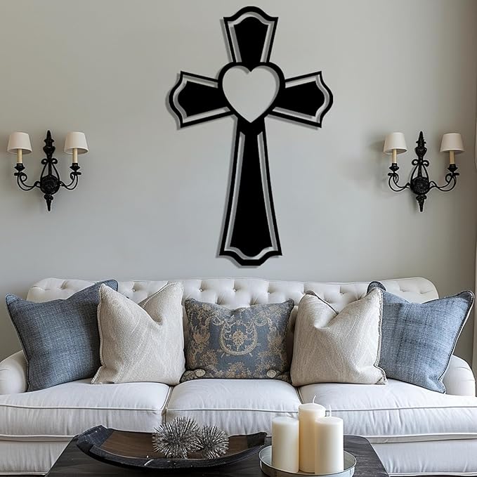 Metal Cross for Wall, Crosses Wall Decor, Cross Heart Metal Wall Art, Christian Wall Decor, Christian Cross Wall Decor, Religious Wall Decor, Faith Wall Decor, Spiritual Wall Decor (Gold, 19"x12" | 47x30cm, metal wall art)