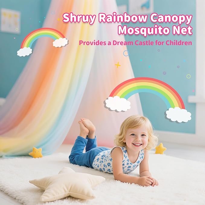Rainbow Princess Bed Canopy for Girls, Mosquito Net Bed Canopy for Twin/Full/Queen Size Bed, Hanging Bed Net, Bedroom Decor with Hanging Kit, Easy Install Travel Canopy with Storage Bag