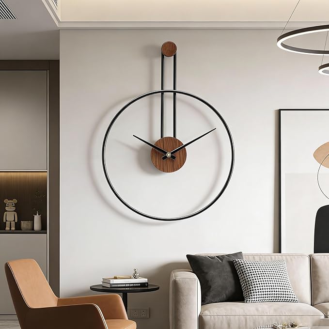 Modern Minimalist Wall Clock, Black Metal Ring and Wooden Face, Natural Style Silent Non-Ticking for Living Room, Bedroom, Office Decor, 21.6"x28.7"