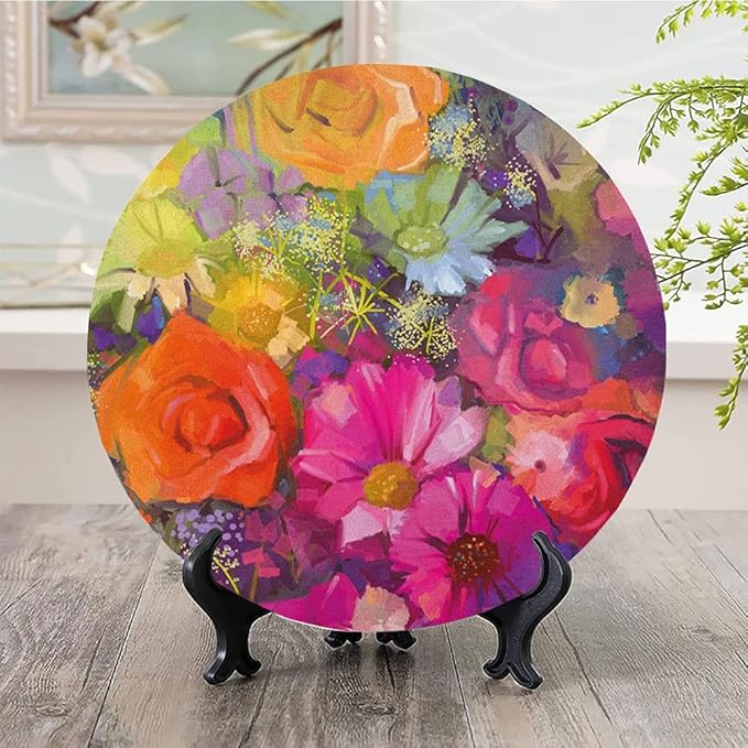 Ceramic Display Plate, Floral Ceramic Hanging Decorative Plate, Vibrant Flower Bouquet with Daisy Peony Gerbera, 8 Inch, Living Room Kitchen Decoration Household, Multicolor