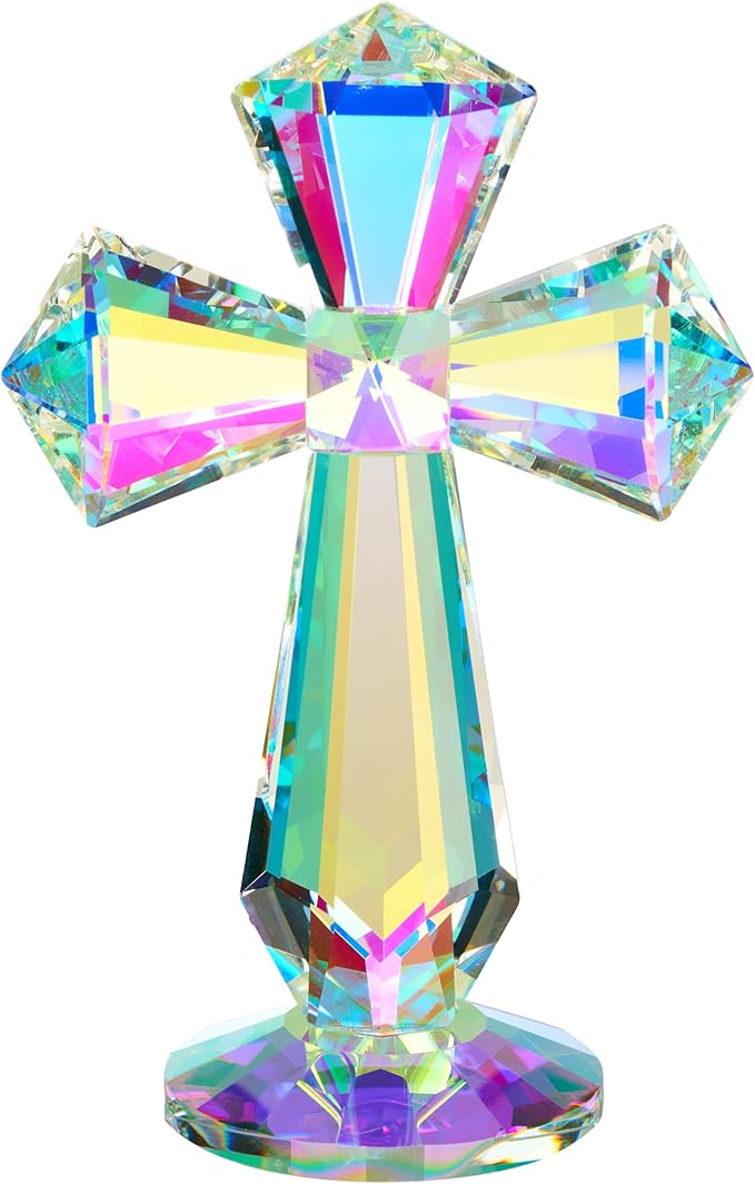 Crystal Glass Standing Cross Decor, Easter Christmas Decoration for Pary dad man，Religious Gifts for Women Men Father Mother, Handmade Glass Holy Collectible Figurines (Multicolor Crystal Cross)
