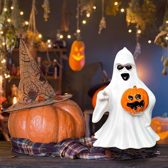 1 Pcs Halloween Ghost Figurine Decor with Pumpkin Cute Resin Ghost Statue, Funny White Sculpture Ghost Decor for Spooky Halloween Home Mantel Tabletop Decorations Indoor