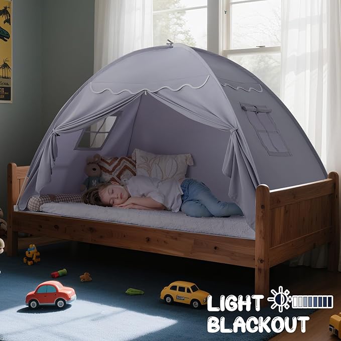 Sumbababy Toddler Bed Tent Canopy: Lights & Flags Indoor Floor Bed Kids Tent Playhouse - Foldable Twin Bunk Bed Curtains - Girls & Boys Bedroom Privacy Space Sleeping Tents Gifts (Large Gray)