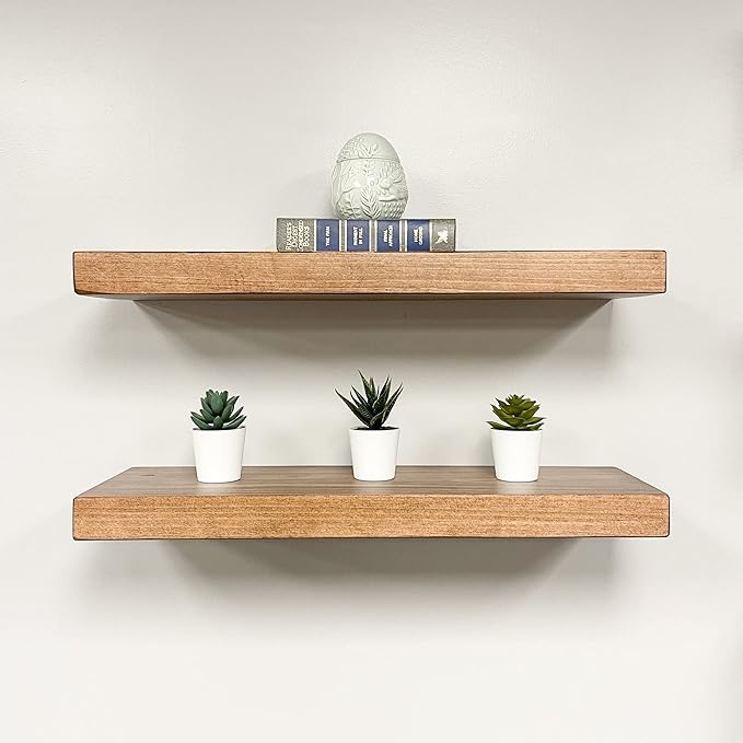URBANDI, Rustic Floating Shelves, Set of 2, Hidden Bracket, Solid Wood, Heavy Duty, Wall Mounted Shelves, (Brown, 12Wx8D)
